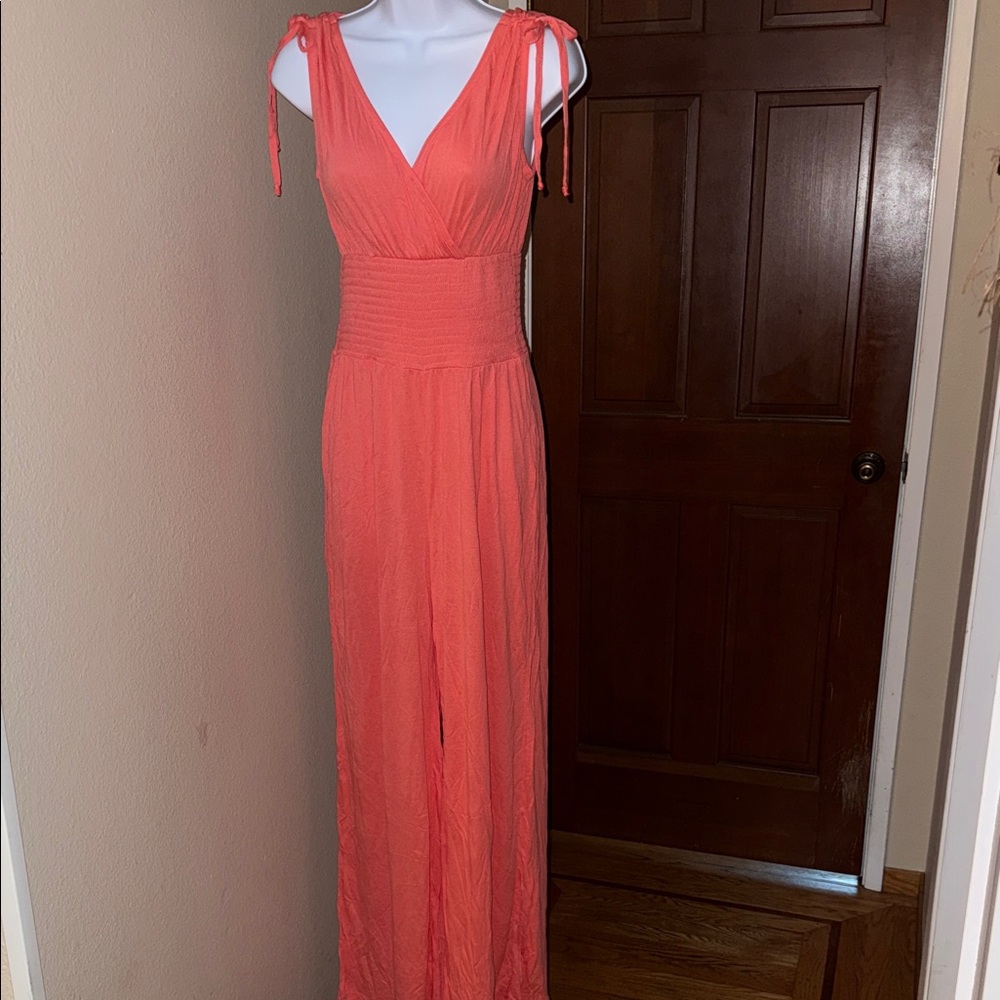 Lascana Ruched Shoulder Sleeveless V-Neck Wide Leg Jumpsuit Coral Women’s  Sz 4